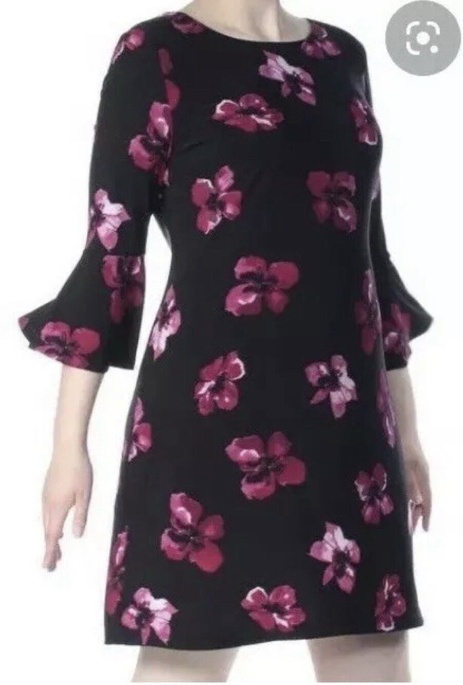 Tommy Hilfiger Size 6 Black Pink Floral Bell Sleeve Shift Dress Career Party